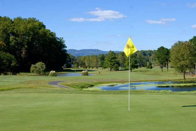 A view of a green with water coming into play at Cross Creek Country Club.