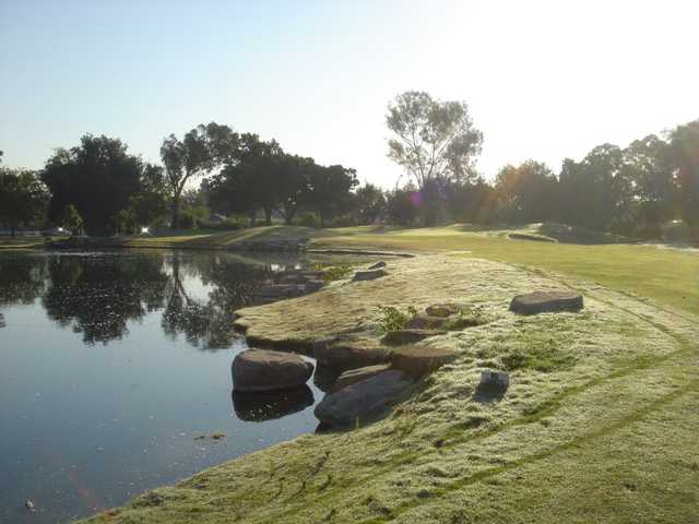 A sunny view of a hole with water coming into play from Skylinks at Long Beach Golf Course.