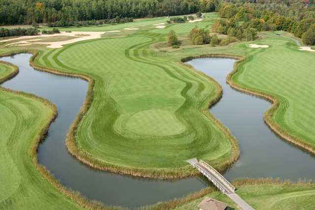 Aerial view of hole #7 and #8 at Hidden River Golf & Casting Club