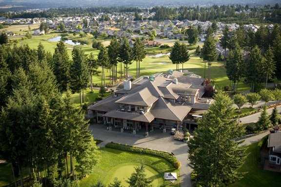Aerial view of the clubhouse at Crown Isle Golf Course