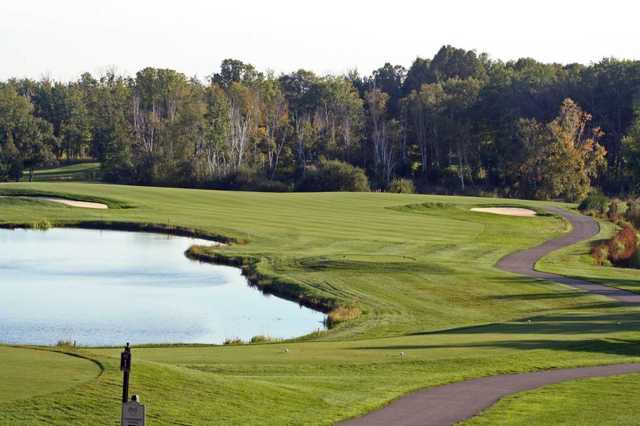 A view of tee with water on the left at Championship from Minnesota National Golf Course