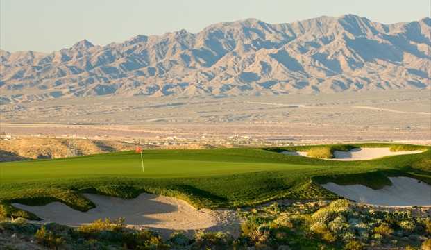 A view of hole #16 protected by bunkers at Laughlin Ranch Golf Club
