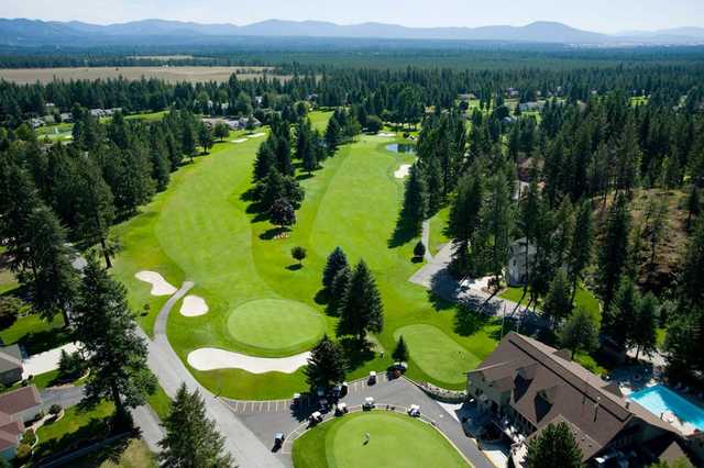 Aerial view of the clubhouse at Twin Lakes Village Golf Course