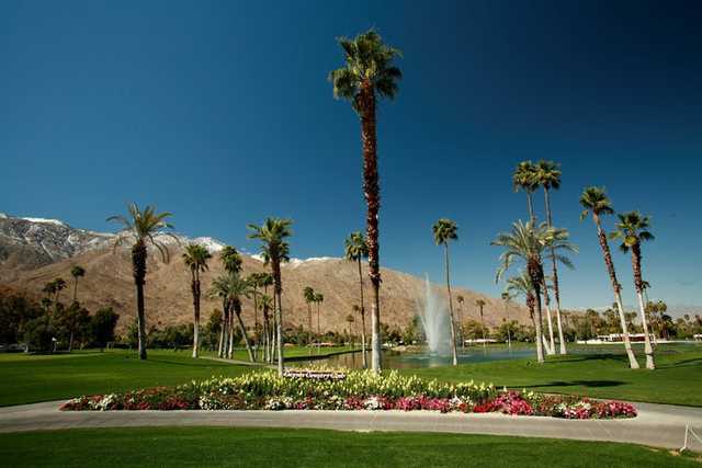 A view with narrow path in foreground at North Course from Indian Canyons Golf Resort.