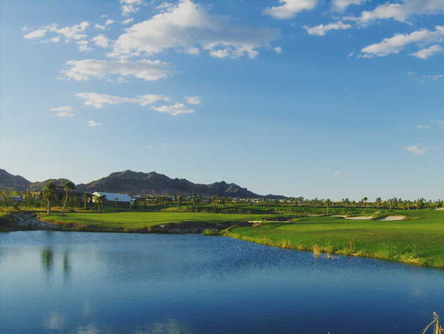 View of the lake and clubhouse at Boulder City Golf Course