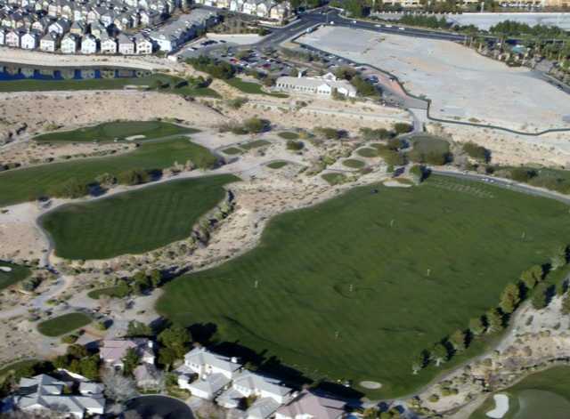 Aerial view of the driving range, Diablo fairway #1, Desperado fairway #1, Diablo green #9 and Outlaw green #9 (right to left) at Badlands Golf Club