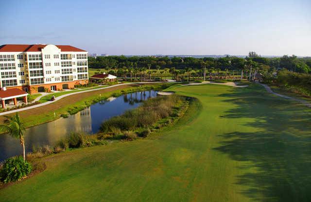 A view of a fairway and a green protected by bunkers at Shell Point Golf Club