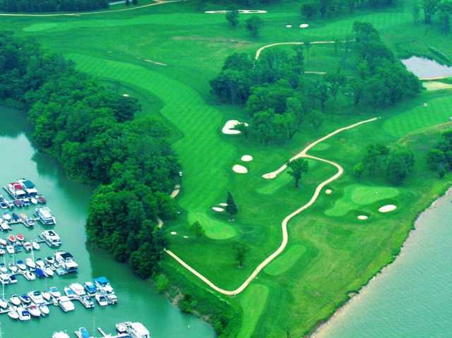 Aerial view of the 5th hole from Harbor Links at Sagamore Resort