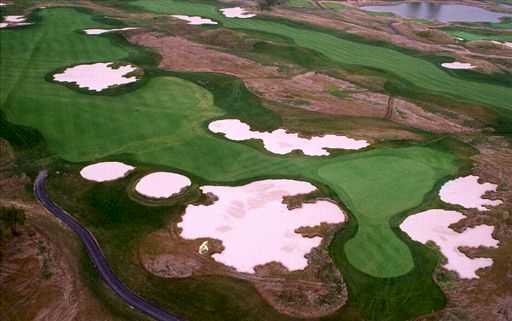 Aerial view of the 18th hole at Purgatory Golf Club