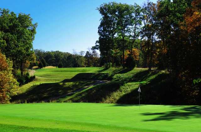 A view of #17 from behind the green looking back at the tee from Missouri Bluffs Golf Club