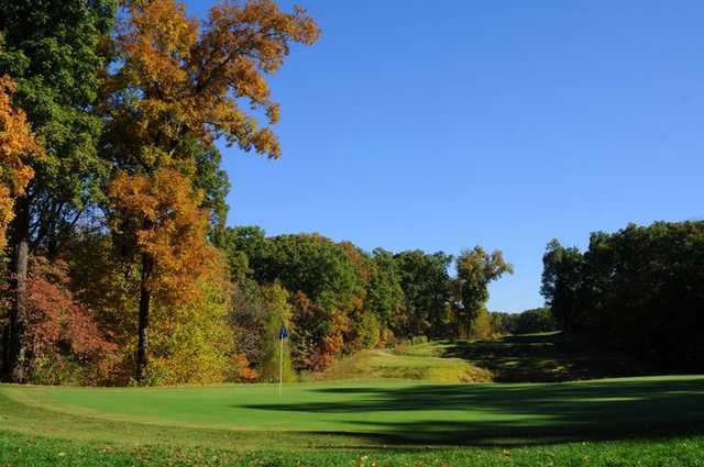 A view of green #14 looking back toward the tee at Missouri Bluffs Golf Club