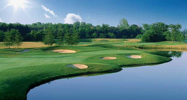 A view of the 3rd hole with water on the right side at Forest City National Golf Club.