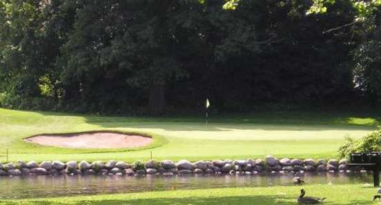 A view over the water of green #4 at Milham Park Golf Course