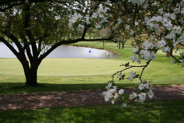 A spring view of green with water coming into play at Kimberton Golf Club