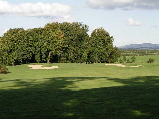 A view of hole #6 flanked by bunkers at Gowran Park Golf and Race Course.