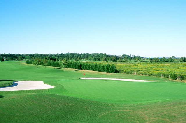A view of a green protected by sand traps at Pointe Golf Club
