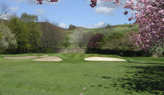 A beautiful spring view of green #2 protected by bunkers at Prestonfield Golf Club