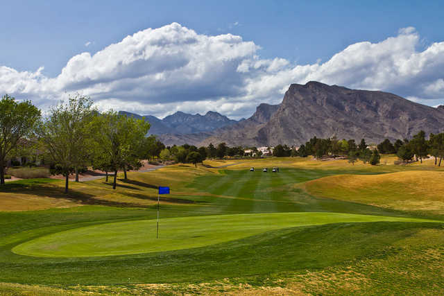 Players getting ready for their approach shots on the par-4 second hole at Highland Falls Golf Club in Las Vegas.