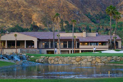 A view over the pond of the clubhouse from Soboba Springs Golf Course.