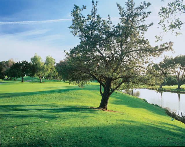 A view of a green with water on the right at Oaks North Golf Course.