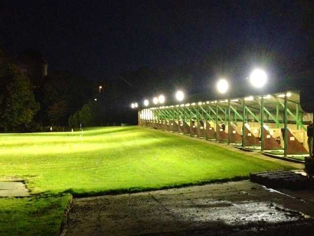 A night view of the driving range tees at Strathclyde Park Golf Club