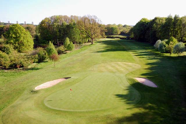 A view of green #12 flanked by bunkers at Pollok Golf Club