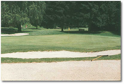 Hole #3 is a relatively short par 4. The green is easy to reach in regulation if you don't end up in the trees to the left or right. It's a dog leg left about 150 yards out with trees jutting into the fairway on the left. The green is well protected with 