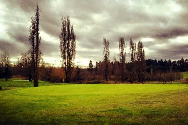 A cloudy view of a green at Tyee Valley Golf Club.