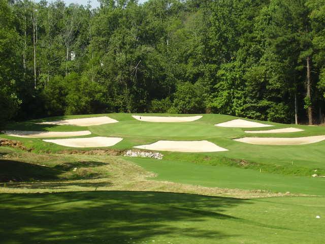 A view of hole #12 guarded by bunkers at Ashton Hills Golf Club