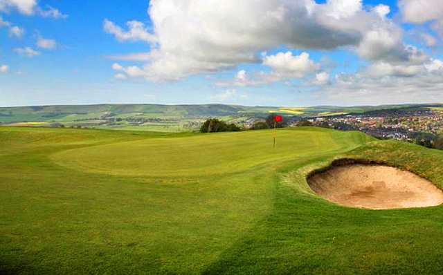 A view of green #15 with bunker on the right side at Lewes Golf Club