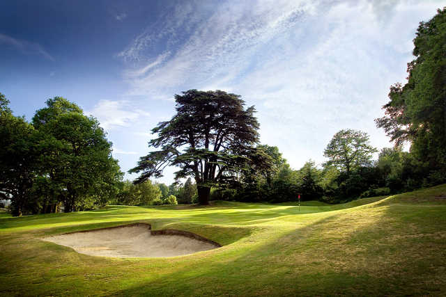 A view of green #14 guarded by bunker at Addington Palace Golf Club