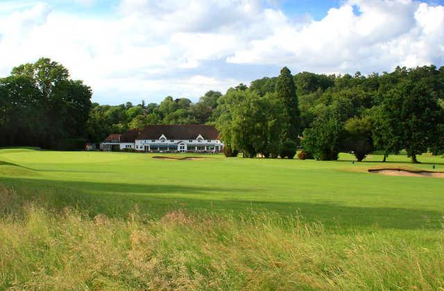 A view of the 10th green with clubhouse in background at Croham Hurst Golf Club