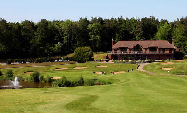 A view of the 18th green and clubhouse in background at Westerham Golf Club