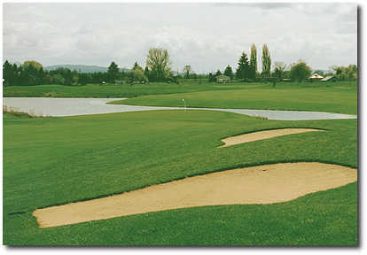 Hole #15 is a slight dogleg left par 4. The photo was taken from a group of mounds that contain three fairway bunkers. If you can avoid these and the rough just behind them, make sure you select the proper club for your approach shot. Water surrounds the 