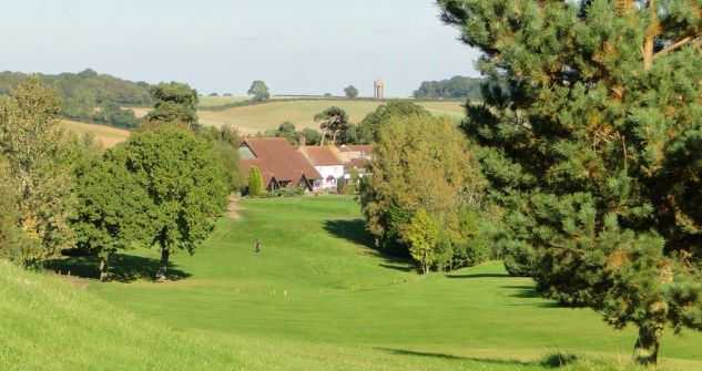 Looking down the 1st fairway to the clubhouse at Farthingstone
