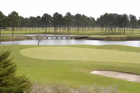 A view of a green with water coming into play at Wizard Golf Course.