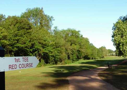 A view of the 1st tee sign at Red Course from Frilford Heath Golf Club