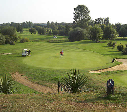 A view of green #1 protected by bunkers at Suffolk Golf Hotel & Spa