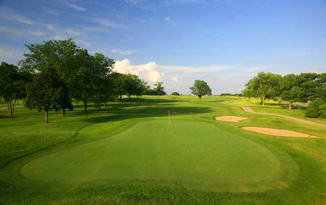 A view of a hole protected by bunkers at Phillips Park Golf Course