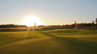 A sunny view of a green at Origins Golf Club