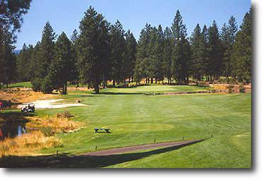 Widgi Creek #6: There is a lake left with a huge sand trap next to it and a lake on the right 209 yards from the white tees. Your best bet is to lay up short of the lake and then take a short iron to a large multi-level green