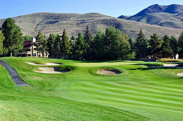 A view of the 2nd green protected by a collection of bunkers at Elkhorn Course from Sun Valley Resort