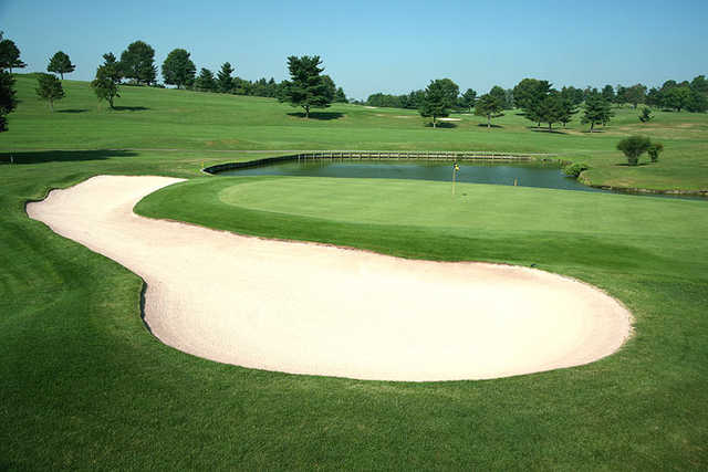 A view of the 8th green protected by a pond and an undulating bunker at Quicksilver Golf Club