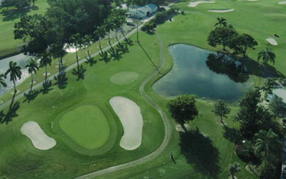 Aerial view of green #2 flanked by bunkers at Myerlee Country Club