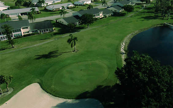 Aerial view of the 11th green with water coming into play at Myerlee Country Club