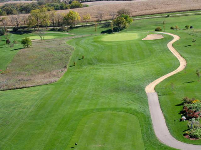 A view of the 2nd tee, fairway and green at Wolf Hollow Golf Club