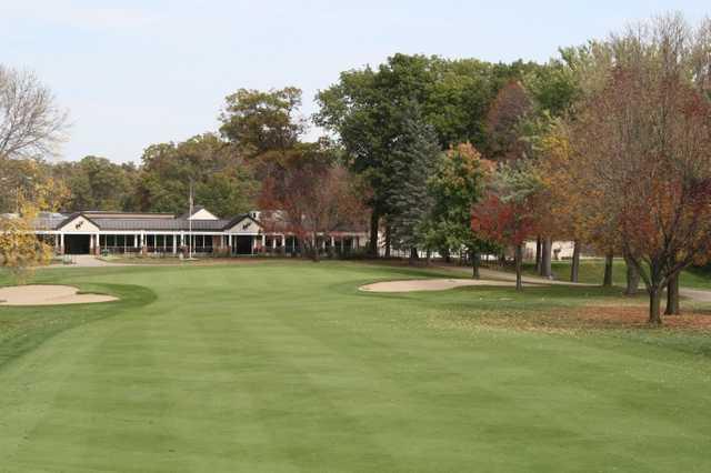 View from the fairway toward the 18th green at Oakwood Country Club