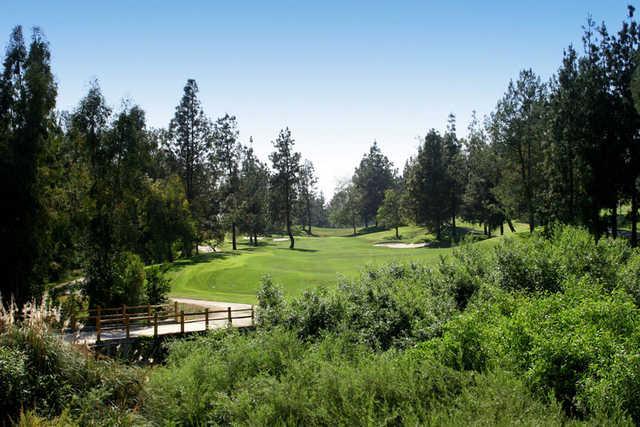 A view of the 4th hole at Zaharias Course from Industry Hills Golf Club at Pacific Palms Resort