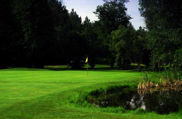 A view of a green with water coming into play from the right side at Acton Golf Club