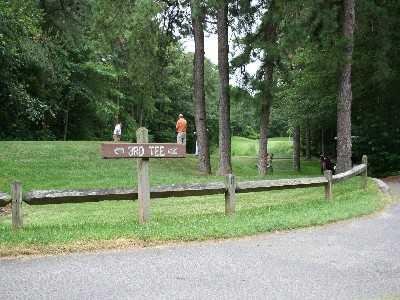 A view of the 3rd tee sign from Ocean County Golf Course at Forge Pond